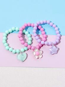 3pcs Girls Beaded Charm Heart Flower Star Bracelet Set