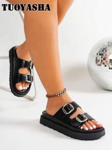 Wide Fit Women Metal Buckle Decor Platform Slide Sandals - Black - View 1
