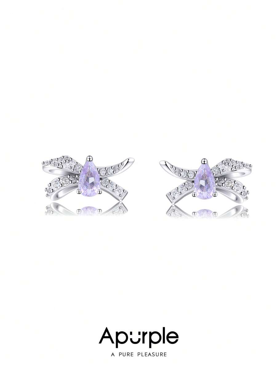 1 Pair Elegant 925 Silver Bowknot Earrings With Cubic Zirconia, Suitable For All Occasions
