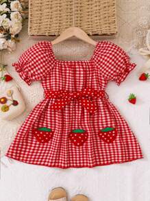 Baby Girl Fashion Simple Puff Sleeve Princess Woven Patch Dress With Strawberry Patch, Suitable For Holiday Gatherings, Outings, Home Vacations, Summer - Red - View 1