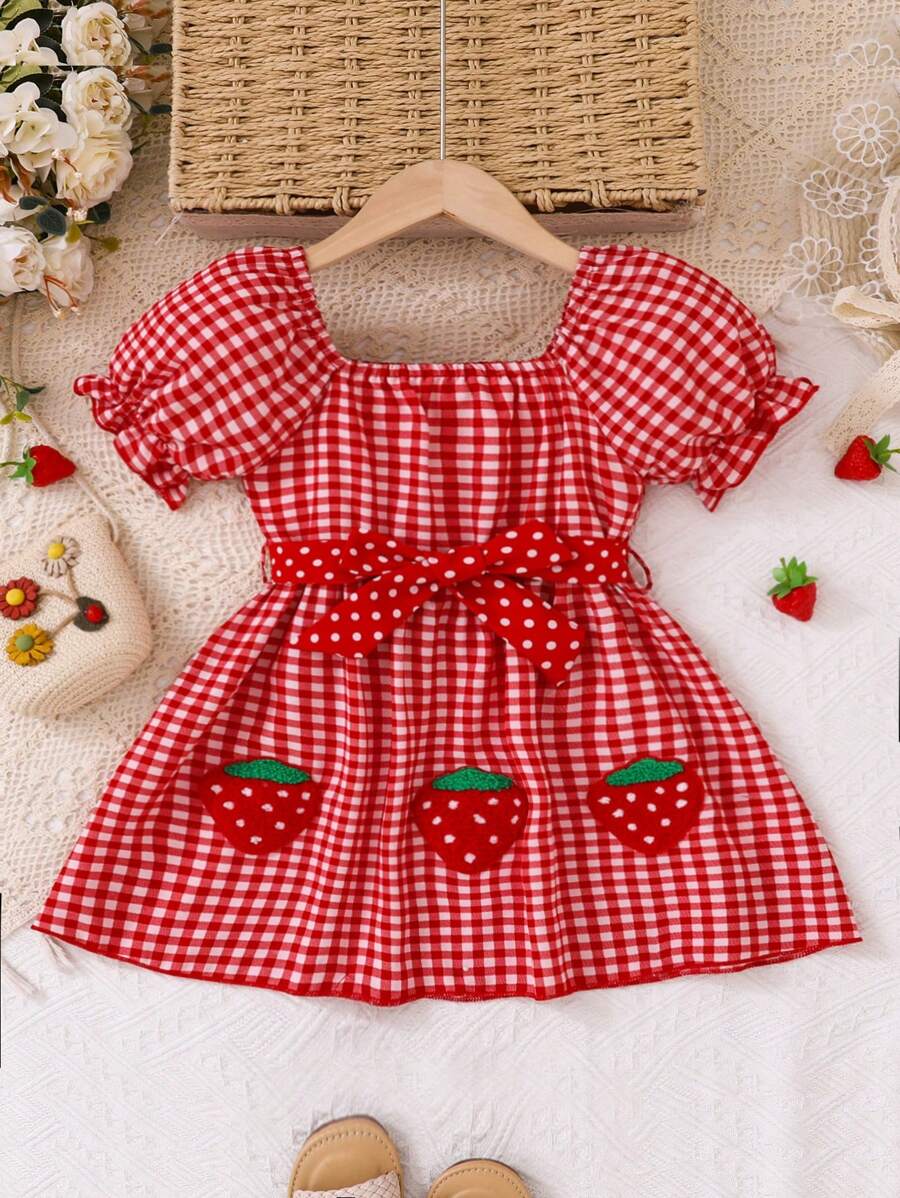 Baby Girl Fashion Simple Puff Sleeve Princess Woven Patch Dress With Strawberry Patch, Suitable For Holiday Gatherings, Outings, Home Vacations, Summer - Red - View 1