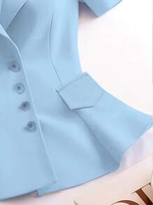 Women's Elegant Solid Color Casual Short Sleeve Top Button & Pocket Decor Blazer Jacket, Commuting Shirt Stylish For Spring/Summer