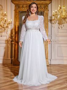 Suknia ślubna UNITHORSE Plus Size z kołnierzykiem w serduszko, długim rękawem, haftowaną perłą, koronką, kontrastową siateczką, w kolorze białym, idealna na imprezę dla panny młodej - Biały - Zobacz 3