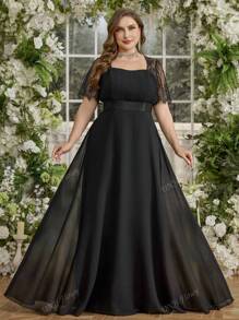 UNITHORSE Vestido de dama de honor elegante de gasa con cuello cuadrado, empalmado de encaje, unicolor, cintura plisada y vuelo para tallas grandes
