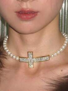 1pc Fashionable Titanium Steel Silver Ball Beaded Cross Pendant Necklace, Daily Wear Gift For Women - Silver - View 6