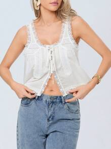 Women Lace Trim Vest Tank Tops Y2K Fairy Sleeveless Tie Button Front Sheer Mesh Crop Tops Summer Going Out Tops Cute Loose Fit Cami Shirt  Aesthetic Clothes - trắng - Xem 8