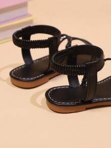 1 双加大码黑色幼儿/女孩珍珠和蝴蝶装饰 PU 编织弹力一脚蹬平底凉鞋，圆头防滑轻便可爱罗马风格适合 3-15 岁日常、派对、节日、休闲装，2025 年新品 - 黑色 - 查看 8