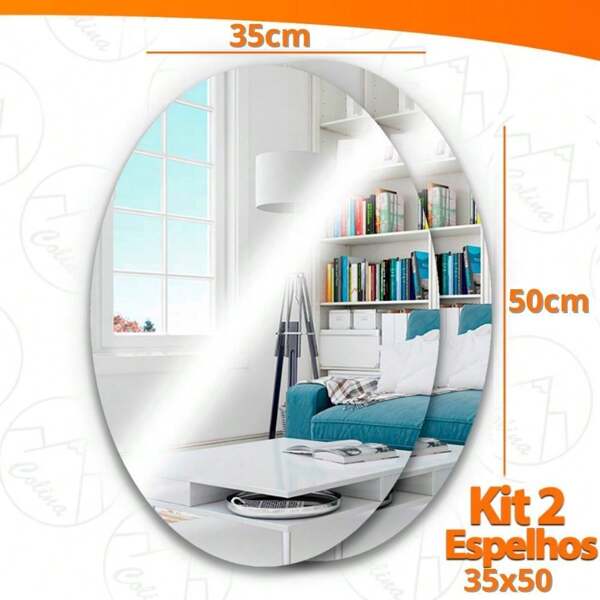 Kit 2 Espelho Adesivo Acrilico Oval 35x50cm Boa Nitidez Decorativo Sala Banheiro