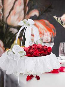 1 pieza Canasta grande para niña de las flores para bodas, canasta de boda de hadas, canasta de pétalos de marfil, confeti, dulces, suministros para fiestas, canasta de frutas, decoración del hogar, regalos, decoraciones de cumpleaños, decoraciones de fiesta, decoraciones de despedida de soltera, verano, playa, regreso a la escuela, suministros escolares, decoración de habitación