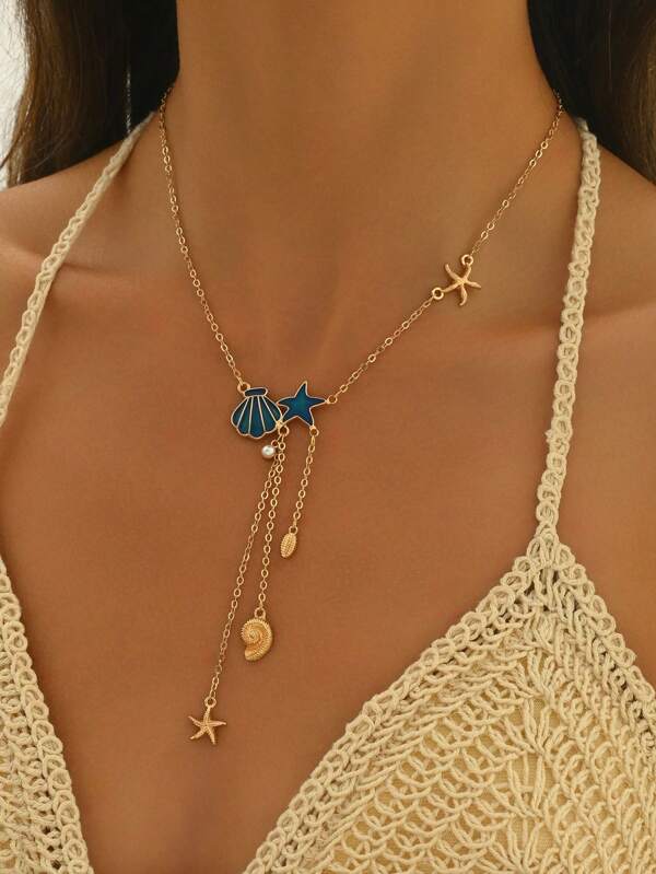 1pc Summer Holiday Bohemian Style Y-Shaped Necklace With Creative Faux Pearl, Starfish, Shell And Marine Life Pendants, Long Tassel Necklace, Gift Jewelry