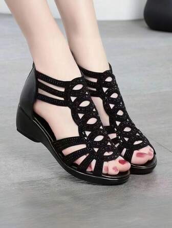 Plus Size Women's Platform Rhinestone Decorated Strap Athletic Sport Sandals, Comfortable Versatile Fashion Mother Shoes, Roman Style