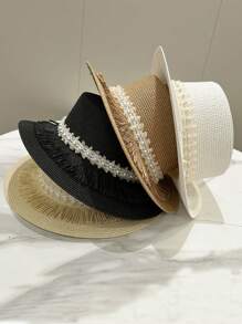 1pc Women Straw Weave Hat, Casual Cute Elegant Tasseled Pearl Flat Top Straw Hat For Summer, British Style Beach Sun Hat Suitable For Outdoors, Travel And Leisure Use - MZ2791 - View 2