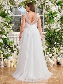 UNITHORSE V-Neck Shoulder Floral Decor Luxurious Pearl Splicing Waist Fitted Elegant Wedding Dress Gown