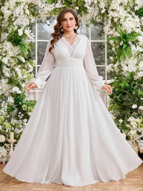 UNITHORSE UNITHORSE Plus Size V-Neck Lantern Sleeve Lace Patchwork Decor Waist Slimming Lightweight Bridal Dress, For Weddings,Bride, All White Party Outfit Women