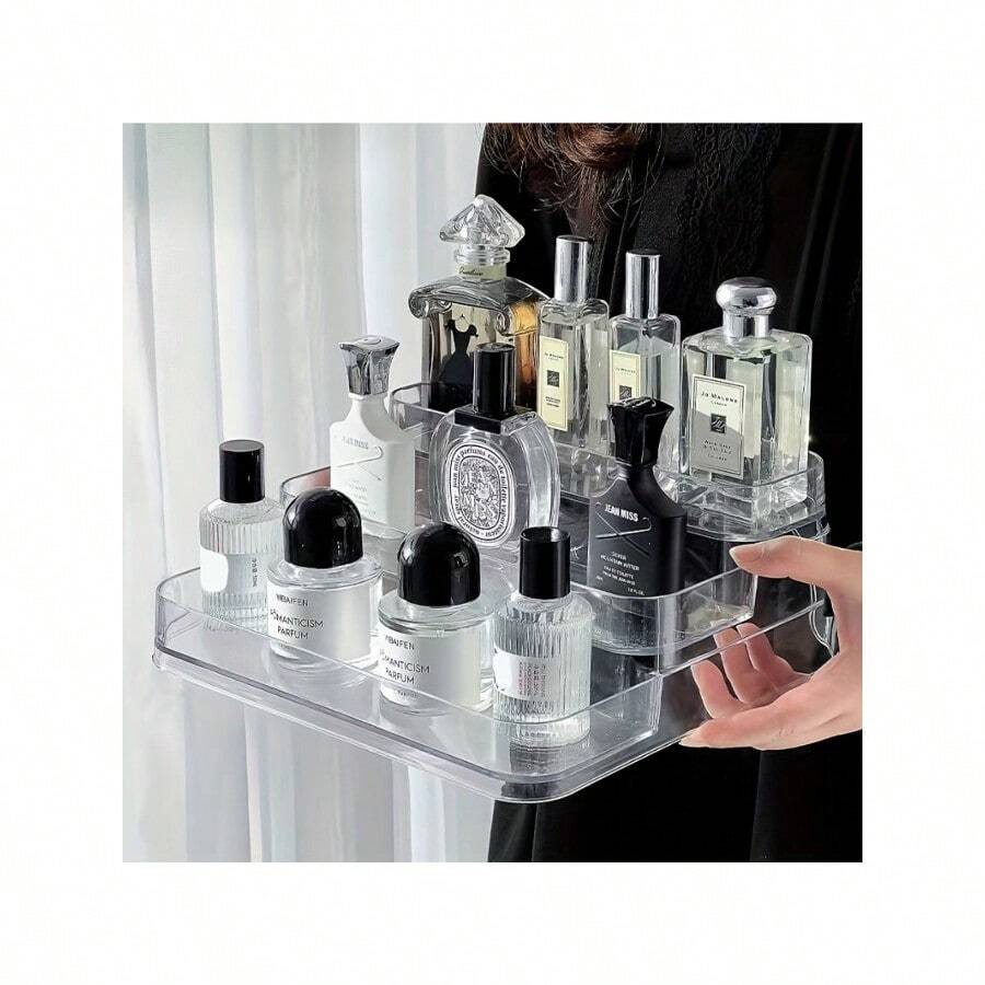 3-Tier Tempered Acrylic Cosmetic Organizer - Vanity Display Shelf With Trapezoid Design For Lipstick/Brushes/Skincare | Multi-Angle Visibility Bathroom Countertop Storage | Dustproof Makeup Display Case - Multicolor - View 1