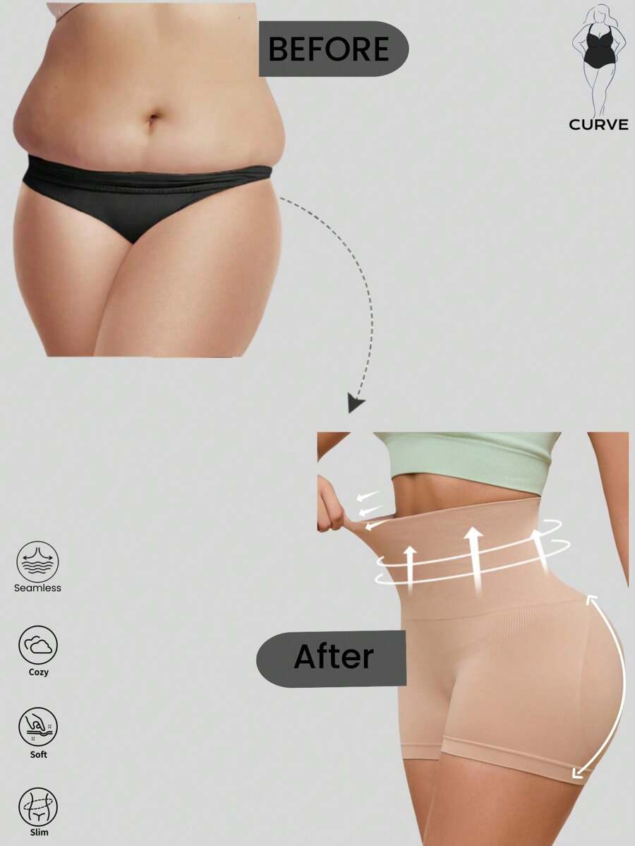 1pc Women's Plus Size Seamless Buttock Lifting, High-Waist Shaping Brief, Slender Waist, Elastic & Stretchy, Everyday Wear - Apricot - View 1