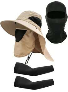 3 Pieces 1 Set Of Men's UPF50+ UV-Proof Outdoor Sports Set|Salt-Resistant Wide-Brim Sun Protection Hat + Moisture Absorption And Quick-Drying Neck Protection Mask + Ice Silk Anti-Sea Corrosion Sun Protection Sleeve|Applicable To Fishing/Camping/Golf/Applicable To Hiking/Kayaking/Beach/Motorcycle/Skiing|Breathable And Quick-Drying Four-Season Outdoor Sun Protection Equipment Set