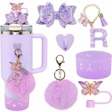6Pcs Tumbler Cup Accessories Set - Butterfly Straw Topper Cover Cap, Bling Bow For Straw, Sparkly Silicone Boot, Letter Charm And Pompom For Water Bottle Cups Tumbler 40Oz 30Oz 20Oz, Back To School Supplies