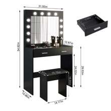 Jooli H Dressing Table Set With LED Lights Mirror, Vanity Makeup Table 2 Large Drawers And Stool, Black - Black - View 4