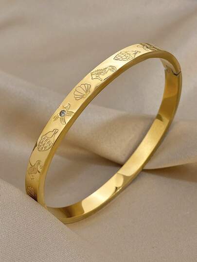 1 Pc Cute Shell Starfish Engraved Bangle Bracelets For Women Stackable Stainless Steel Cuff Bracelet Daily Party Jewelry Gifts Mother Day