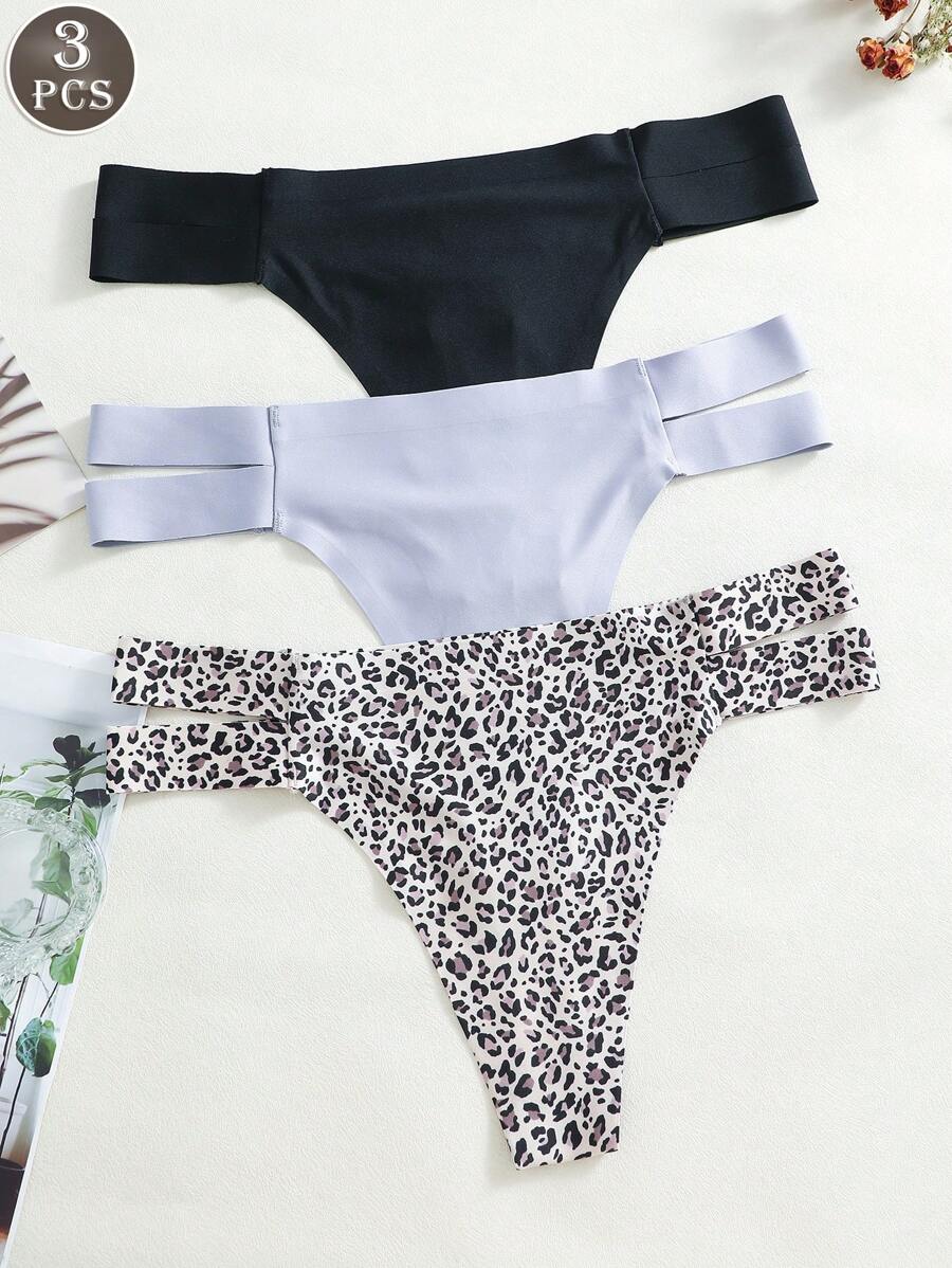 3pcs Women's Solid Color Lace Trimmed Seamless V-Shaped Thong Panties - Multicolor - View 1