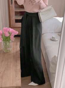 Korean Style Striped Belt With Waist Tie, Versatile Wide Leg Casual Suit Pants, Spring/Summer