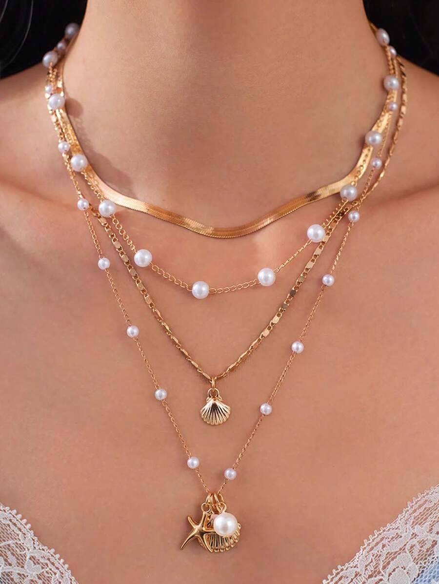 4 Pcs/Set Sexy Ocean Style Metal Starfish Shell Necklace Set Design Faux Pearl Necklace Snake Chain Clavicle Chain ,Suitable For Beach Vacations - Multicolor - View 1