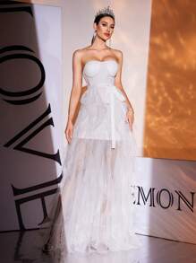 Long White Strapless Mesh Back Wedding Dress Gown, Bride - White - View 1