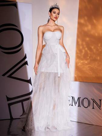 Long White Strapless Mesh Back Wedding Dress Gown, Bride