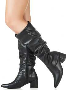GiGiL Women's Long Boot Wrinkled Slouch Block Heel Pointed Toe Comfortable Elegant Classic Casual - màu đen - Xem 1