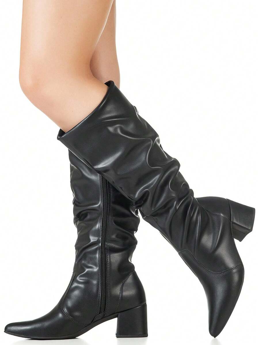 GiGiL Women's Long Boot Wrinkled Slouch Block Heel Pointed Toe Comfortable Elegant Classic Casual - màu đen - Xem 1