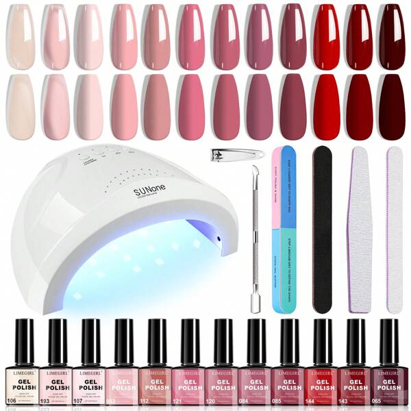 Kit de esmalte de uñas en gel LIMEGIRL de 19 piezas con lámpara UV, 12 colores de esmalte en gel de la serie rosa y roja, juego de manicura para mujeres y niñas