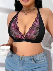 Plus Size Women's Bra, Elegant Comfort Lace Patchwork Wireless Bra, Side Opening,Semi-Transparent Floral Print Design, Suitable For All Day Wear - Black - View 4