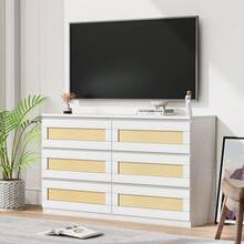 Studyset Rattan Dresser For Bedroom With 6 Drawer,Modern Wide Chest Of Drawers With Anti-Tip Kit & Smooth Slide Rail,Wood Dressers & Chests Of Drawers,Wood Storage Dresser For Bedroom,Closet - 白色 - 查看 1