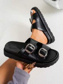 Wide Fit Women Metal Buckle Decor Platform Slide Sandals - Black - View 7