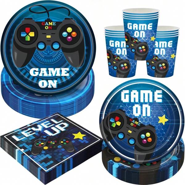 Juego de 24 piezas de platos, servilletas, vasos y suministros para fiesta de videojuegos, juego desechable de platos para pasteles y postres, vajilla para fiesta de cumpleaños, decoraciones y recuerdos para niños jugadores, gamers, azul para 24 invitados