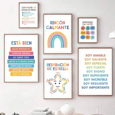 1 pieza Póster de rincón tranquilo en español, señal educativa de arte en lienzo para pintura de pared, decoración de aula tranquilizadora y estética sin marco