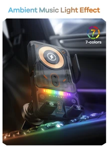 Newest Phone Holder For Car, With Wireless Charger, Music Light Effect, One-Click Open/Close And Rotation 90°, Seismic And Anti-Slip Silicon, Wireless Charging Stand, Gift For Driver, Workout, Travel