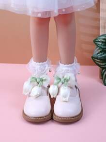 Nouvelles chaussures d'automne pour enfants, chaussures de princesse à semelle souple pour filles d'âge moyen, chaussures plates décontractées mignonnes avec nœud papillon & motif floral - Beige - Voir 9