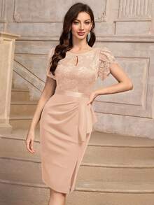 MIUSOL Keyhole Neckline Floral Lace Puff Sleeve Ruffle Trim Cocktail Party Bodycon Dress - Champagne - View 6