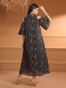 女士纯色贴花镂空优雅刺绣阿拉伯风格夏装（领口花卉带随机剪裁，可能不完美匹配） - 黑色 - 查看 3