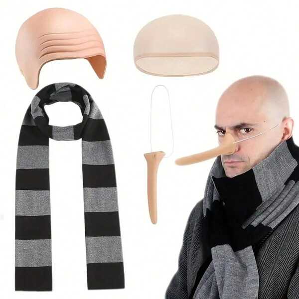 4pcs Adult Accessory Set, Latex Bald Wig, Black And Gray Striped Scarf, Hair Net, Long Nose For Men Props, Perfect For Party, Role, Playing Parties And World Book Day Costumes