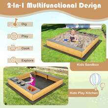 Kids Sandbox Outdoor Wooden Sandpit W/ Bottom Liner Creative Cooking Area - 自然的 - 查看 5