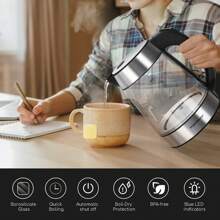 1pc 1.7L Electric Kettle, Stainless Steel Glass Carafe, 2200W, With LED Lighting, Auto Shut-Off, Removable Filter, 360° Swivel Base, Cord Storage, Black - EU F Type Plug(220-240V) - View 5