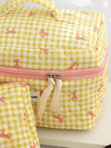 1 Stück gelbe karierte Schleife Kosmetiktasche, süße Blumen, modisch lässige Reise Kosmetiktasche, multifunktional, tragbare Kosmetiktasche, große Reißverschlussöffnung, geeignet für Kosmetika, Lippenstifte, Schmuck, Taschentücher, Damenbinden, auch als Geschenk für Frauen, Mädchen, Reisende, Geburtstage, Schlafsäle und Mädchen