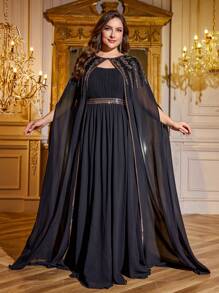 SUPGIR Vestido de noche elegante de mujer SUPGIR Plus de dos piezas reversible, con manga flotante, alta mano de obra, bordado con cuentas y lentejuelas, ajuste ceñido, de largo maxi