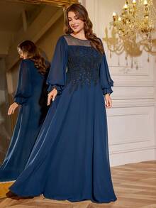 SUPGIR Plus Women's Round-Neck Lantern Sleeve Beads Sequin Chiffon Slim-Fitting Evening Dress - Navy Blue - View 6