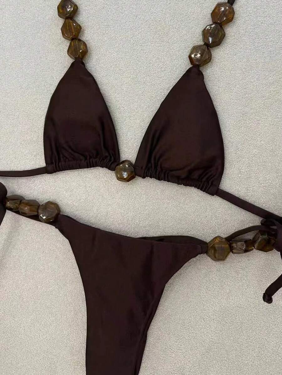 新款春夏性感纯色卡其色串珠女士比基尼套装，适合海滩度假派对约会 - 卡其色 - 查看 1