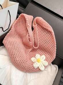 Hollow Woven Straw Bag, Bohemian Style Beach Tote Bag, Hollow Woven Tote Bag, Large Capacity Shopping Beach Bag, Fashion Hollow Woven Straw Bag, Beach Tote Bag, Bohemian Style Beach Bag, Casual Hollow Woven Tote Bag, Vacation - Pink - View 4