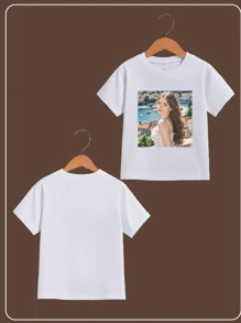 Customizable Spring/Summer Girls/Youth T-Shirt - Personalized With Photos, Graphics, Logos, Etc. Suitable For Team/Outdoor/Class Uniforms, Birthdays And Holiday Gifts. Youth & Teenage Casual Round Neck Short Sleeve Tops, Spirit Wear - White - View 3